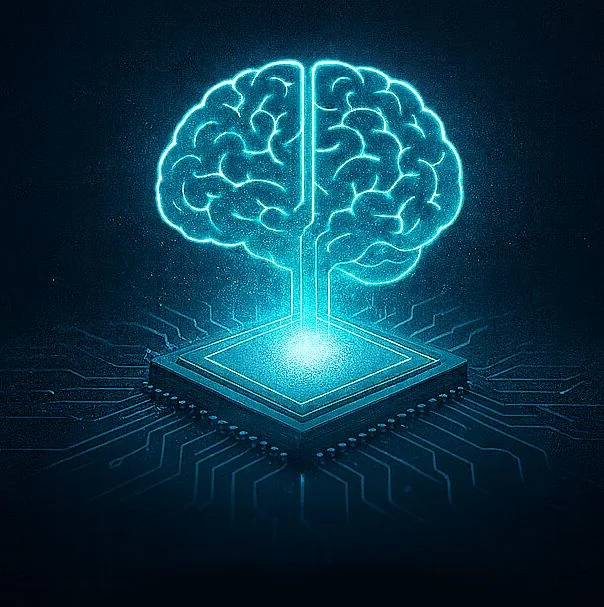 Illustration d’un cerveau lumineux relié à une puce, utilisée dans l’annonce de la démonstration May-IA.