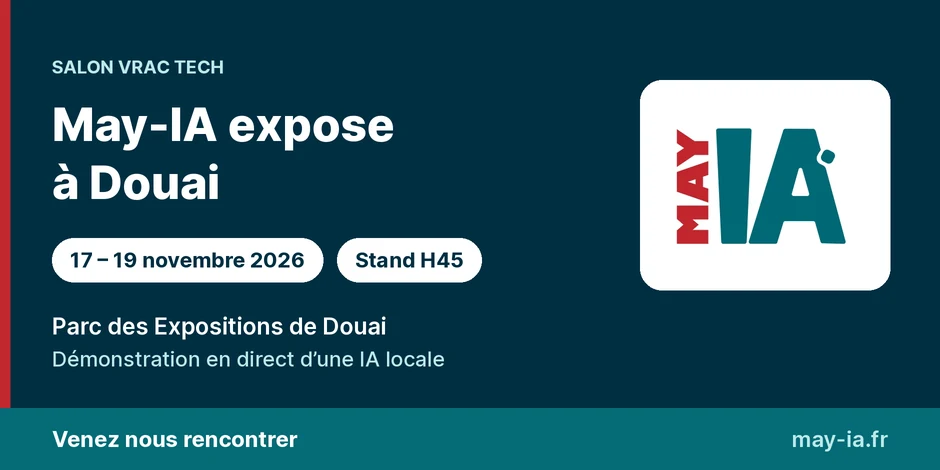Visuel d’annonce : May-IA expose au salon Vrac Tech, stand H45, du 17 au 19 novembre 2026 au Parc des Expositions de Douai.